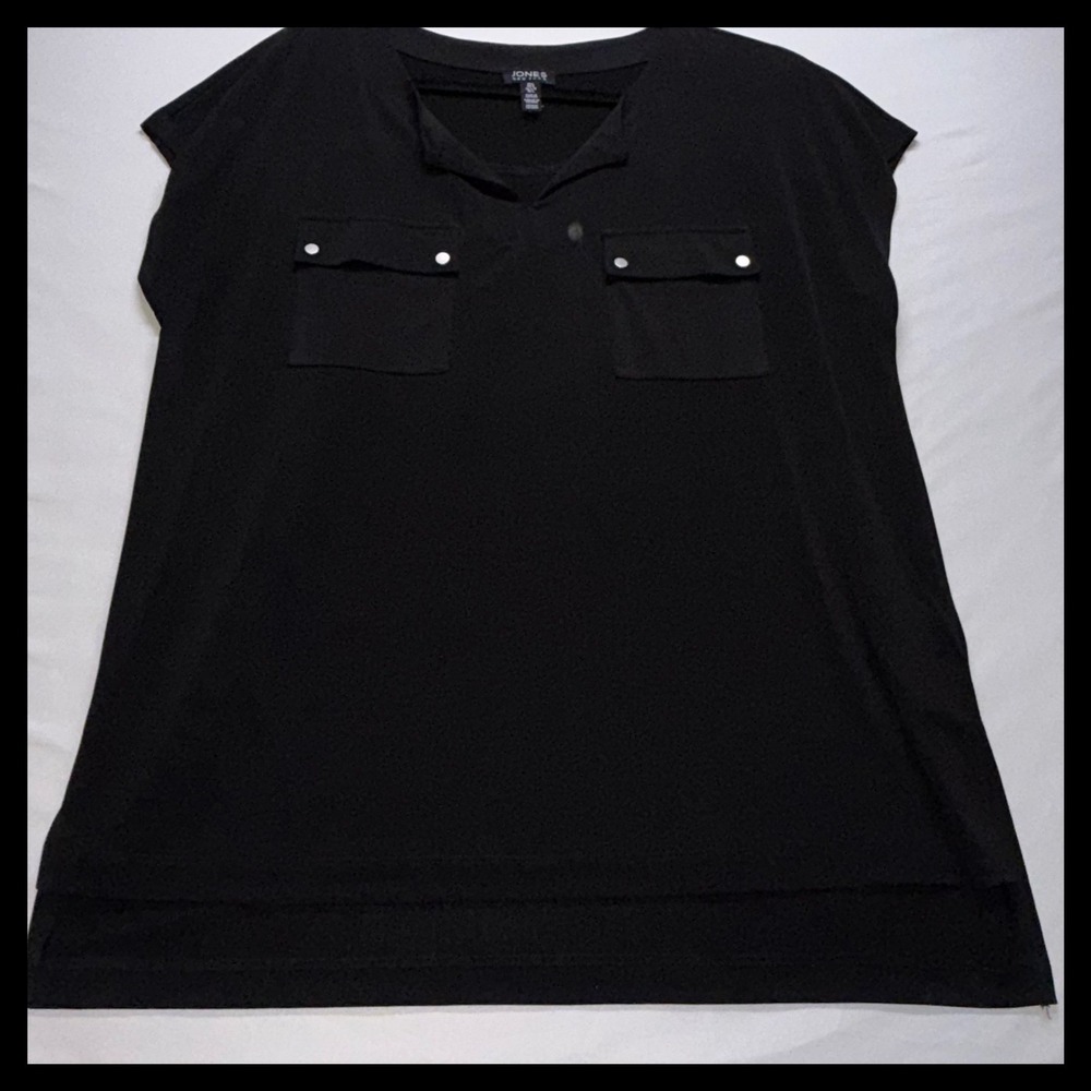 Jones New York Tunic Blouse Womens L Black Cap‎ Sleeve Utility Pocket Workwear